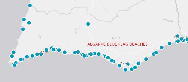 Map with all of Algarve's blue flag beaches
