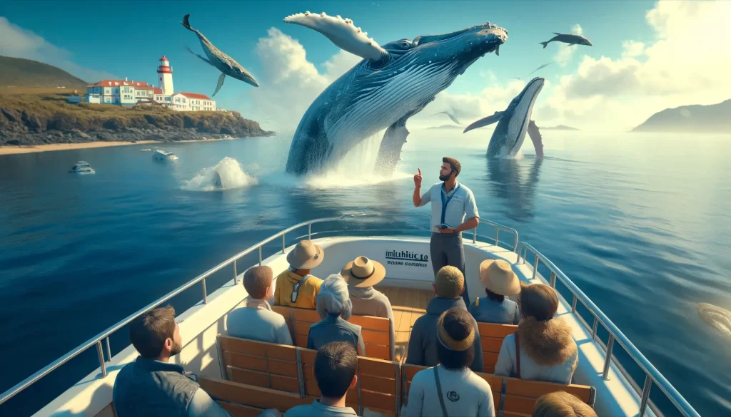 Imaginary scenery of a whale watching boat in the Azores with an expert guide (marine biologist) explaining whale behavior to enthusiasts