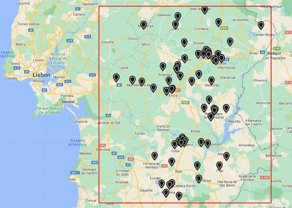 Map showing all the wine visits you can make in Alentejo region